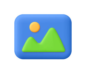 Poster - Image, photo, jpg gallery file. Mountains and sun landscape. 3d vector icon. Cartoon minimal style.