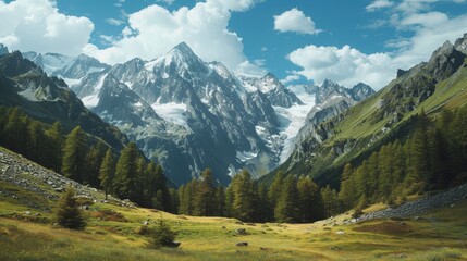 Wall Mural - Experience the majestic beauty of alpine landscapes with snow capped peaks and rugged terrain