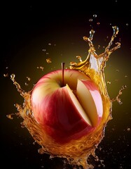 Wall Mural - Juicy red apple splashing in golden liquid. Refreshing!