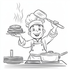 Wall Mural - Happy Little Chef: A cheerful cartoon chef proudly presents a stack of delicious pancakes, showcasing culinary skills and joy in cooking.  