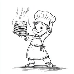 Wall Mural - Pancake Pride: A cheerful cartoon chef, clad in a classic toque and apron, proudly presents a steaming stack of pancakes, showcasing the joy and satisfaction of culinary creation. 