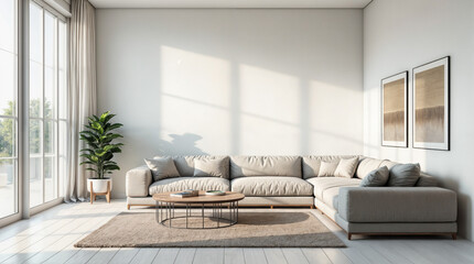 Wall Mural - a living room with a white couch, coffee table, and a vase with flowers on it
