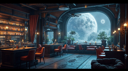 Wall Mural - a bar with a large window that shows a moon in the sky