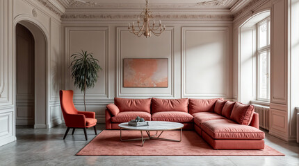 Wall Mural - a living room with a red couch and an orange chair