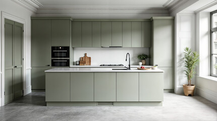 Wall Mural - a kitchen with a green color theme and a white countertop