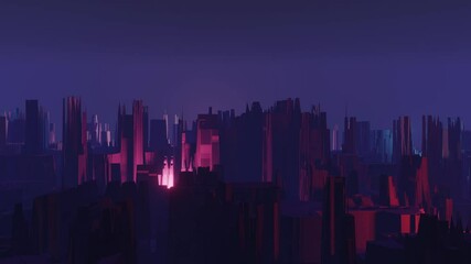 Poster - abstract blue and purple town silhouette with fog. fly above buildings, city background, 3d renderin