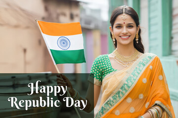 Wall Mural - Happy Indian Woman Celebrating Republic Day with National Flag at Outside Photo. Fictional Character Created By Generative AI.