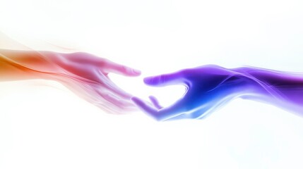 Abstract depiction of two ethereal hands reaching towards each other, representing connection and unity, against a light background with vibrant color gradients intertwining.