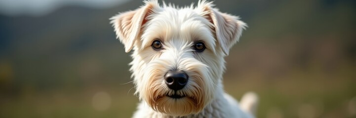 Wall Mural - Portrait of Adorable Purebred Sealyham Terrier Puppy with Soft Fur and Sweet Eyes Looking at You