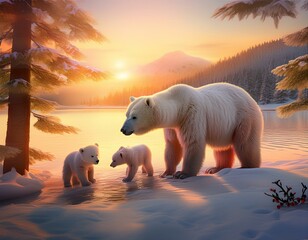 Wall Mural - polar bear with young animals in the landscape at sunset, art painting design