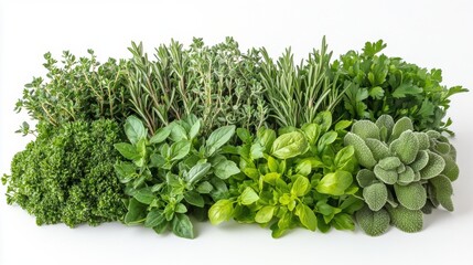 Wall Mural - Fresh herbs displayed in a row on a white background for culinary inspiration and cooking ideas