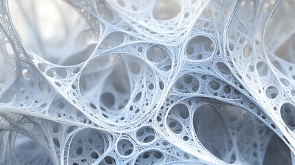 Frost-covered cobwebs forming an intricate, abstract winter design in soft silver tones.