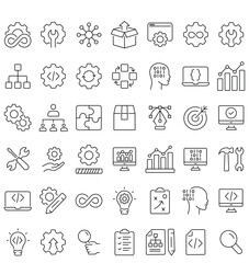 DevOps methodology and software development concept editable stroke outline icons set isolated on white background flat vector illustration