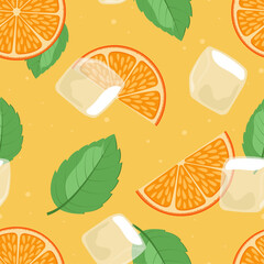 Seamless pattern with oranges, mint and ice on orange background. Colorful summer pattern with fresh citrus fruit.