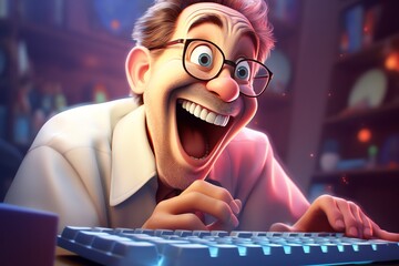 Poster - Excited man using computer keyboard.