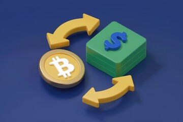 Poster - Bitcoin and US dollar exchange, depicted with 3D models and arrows showing the reciprocal conversion.
