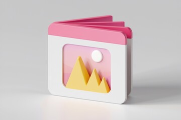 Aufkleber - A 3D render of a pink and white photo album icon displaying a minimalist mountain landscape.