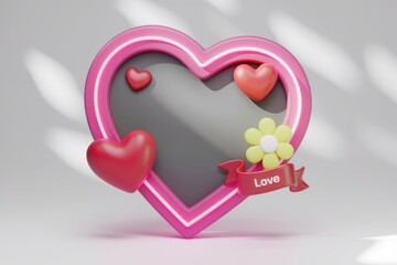 Poster - A pink heart-shaped frame with smaller hearts, a flower, and a 'Love' ribbon, symbolizing Valentine's Day.