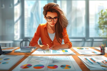 Poster - Focused businesswoman analyzing charts at desk.