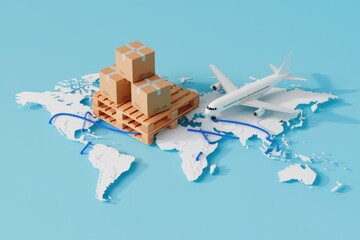 Poster - Global air freight shipping concept: Packages on a pallet ready for worldwide delivery via airplane.