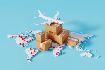 Poster - Global air freight delivery service, packages on world map with airplane.
