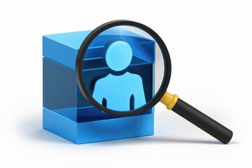 Fototapete - A magnifying glass focuses on a person icon inside a transparent blue data cube, symbolizing data analysis and people search.