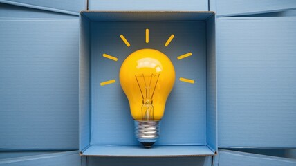 Leinwandbilder - A bright yellow light bulb sits inside a blue box, symbolizing a new idea or innovation.