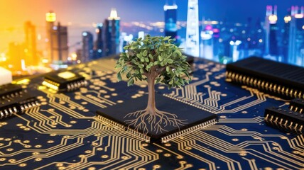 Aufkleber - A small tree planted on a circuit board symbolizes sustainable technology and the growth of eco-friendly innovations in a cityscape.