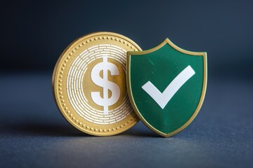Poster - Dollar coin secured by a shield, symbolizing financial protection and security.