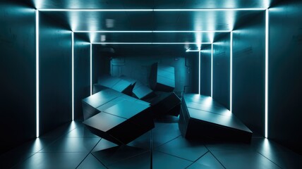 Poster - Futuristic room with neon lights and scattered dark cubes, creating a mysterious and abstract scene.