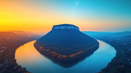 Wall Mural - Sunset over mesa, river bend.