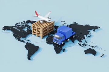 Poster - Global logistics and transportation of goods by air and road, visualized on a world map.