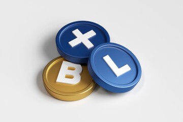 Poster - 3D render of blue and gold circular buttons with plus, L, and B symbols, likely representing gaming controller buttons.