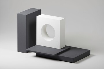 Poster - Abstract minimalist geometric composition of white and gray cubes, featuring a circular cutout.