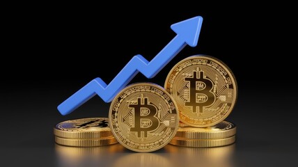 Poster - Bitcoin price rising, shown with golden Bitcoin coins and an upward trending blue arrow.