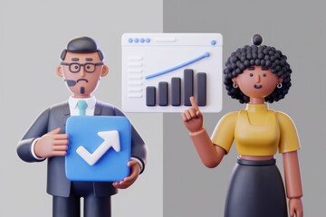 Aufkleber - 3D render of business people showing upward trending graph, indicating growth and success.