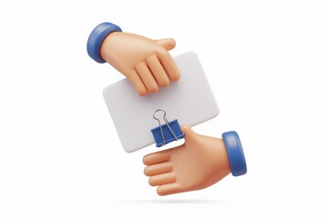 Aufkleber - 3D cartoon hands exchanging a blank paperclip-attached note.