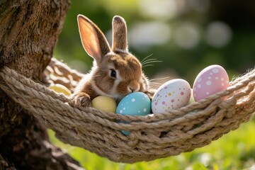 a cute brown bunny resting in a woven hammock surrounded by colorful easter eggs, set outdoors in a 