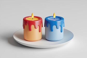 Aufkleber - Two colorful candles with dripping wax on a white plate.