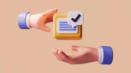 Poster - 3D rendering of hands exchanging a checklist icon, symbolizing task completion and collaboration.