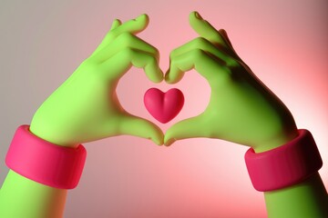 Poster - Green hands forming a heart shape, holding a smaller pink heart in the center. Symbol of love and affection.