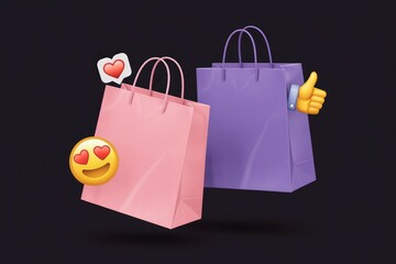 Poster - Two shopping bags with emojis expressing happiness and approval, symbolizing online shopping and positive customer experience.