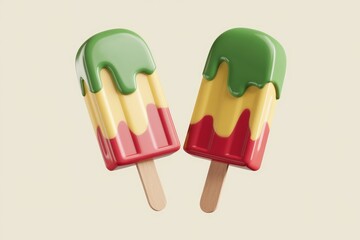 Poster - Two colorful popsicles with melting green topping, red and yellow layers, on a beige background.