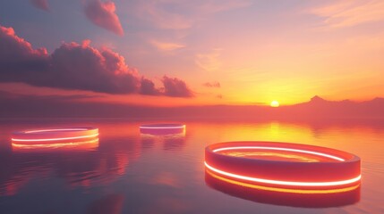 Poster - 3D abstract landscape with neon rings and glowing geometrical shapes, set against a vibrant sunset or sunrise for a mystical effect.