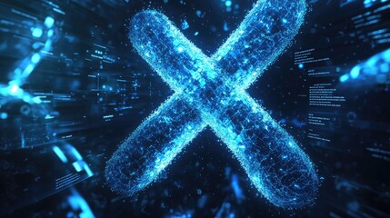Poster - 3D digital rendering of a blue X chromosome, highlighting its structure and role in genetics, surrounded by scientific data elements.