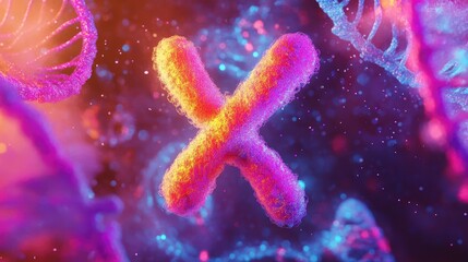 Poster - 3D rendering of the X chromosome floating against a vibrant DNA background, highlighting its role in genetics and molecular biology.