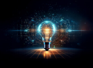 Poster - a glowing lightbulb, vibrant with inner circuitry and data streams, sits on a dark reflective surfac