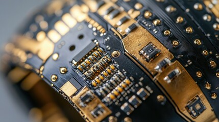 Poster - A close-up of a microchip embedded in a flexible wearable device, showing the fusion of technology and fashion in modern innovations.