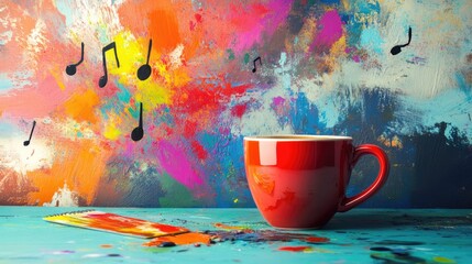 Poster - A colorful, inspiring workspace with a cup of coffee, music notes in the air, and an atmosphere full of creative energy for artistic projects.