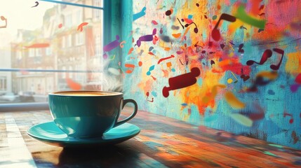 Poster - A colorful, inspiring workspace with a cup of coffee, music notes in the air, and an atmosphere full of creative energy for artistic projects.